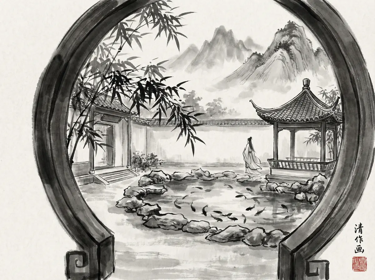 云顶国际水墨风格中式园林酒店庭院全景