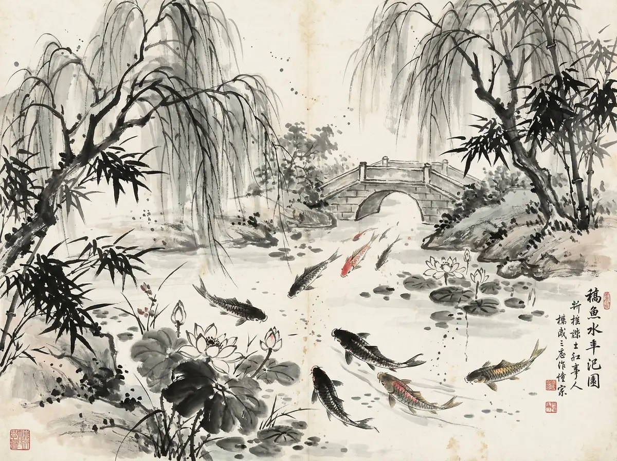 云顶国际金沙国际锦鲤池水墨画展示东方园林元素