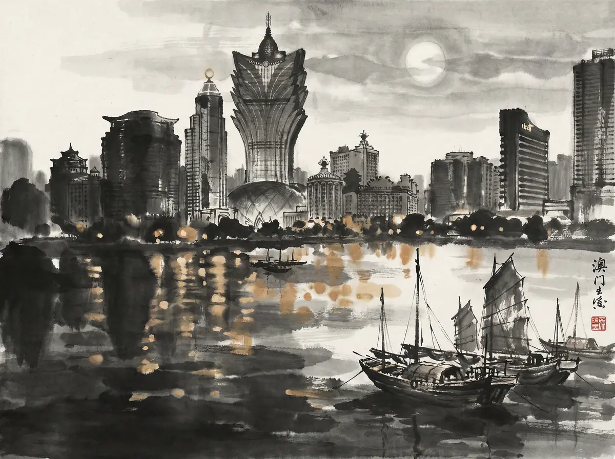 云顶国际澳门夜景水墨画展示新葡京与城市天际线