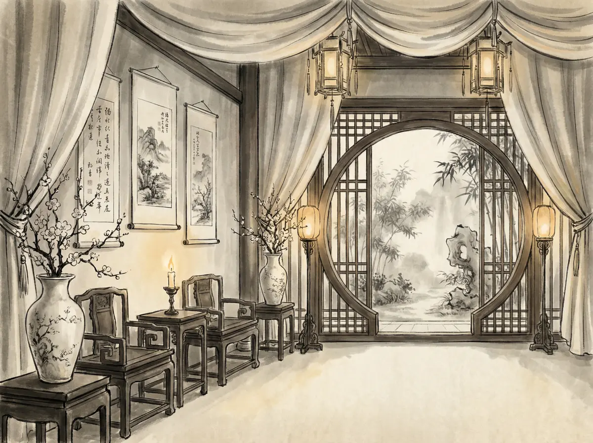 云顶国际丝绸帷幔园林景观客房展示月洞门与竹林景致