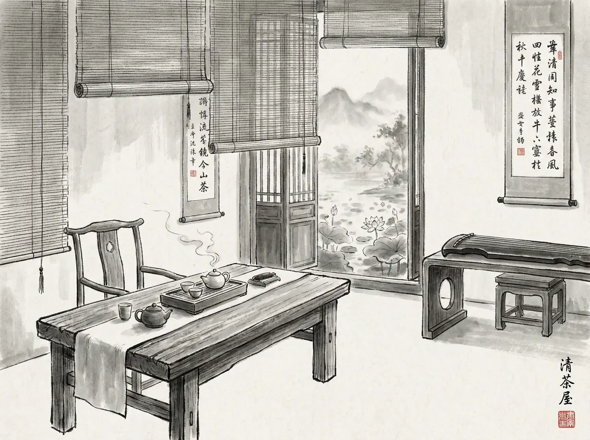 云顶国际听雨轩茶室水墨画风格展示功夫茶具与古琴